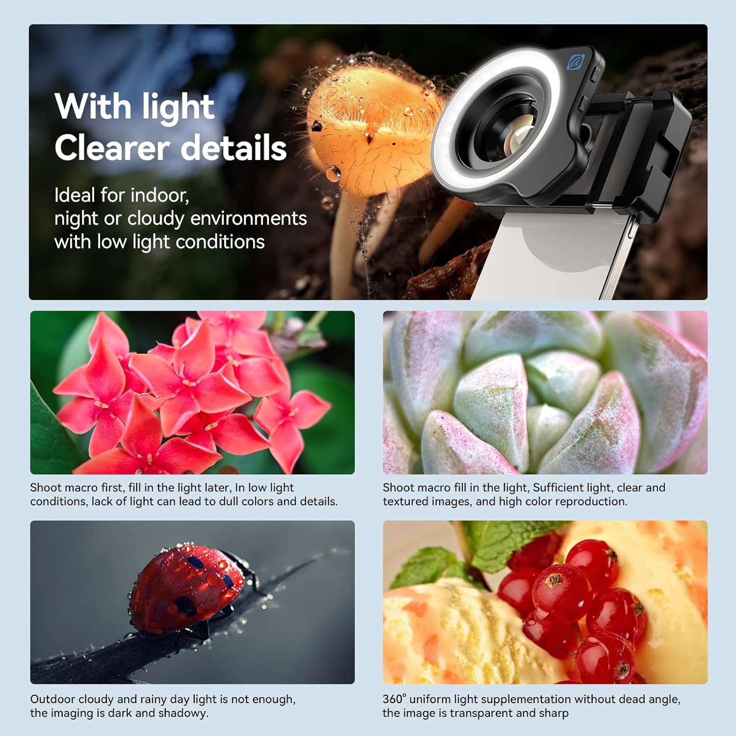 APEXEL 10-20X Macro Lens for iPhone & Android Phones | HD Photography Lens Kit with Universal Clip & 45-Mode Fill Light | Capture Still Life Close-Ups, Insects, Plants, Jewelry, Food & Small Objects - Image 4
