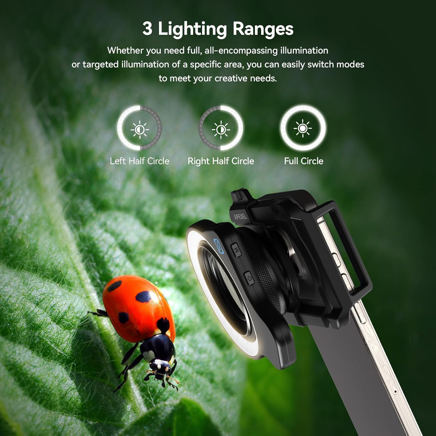APEXEL 10-20X Macro Lens for iPhone & Android Phones | HD Photography Lens Kit with Universal Clip & 45-Mode Fill Light | Capture Still Life Close-Ups, Insects, Plants, Jewelry, Food & Small Objects - Image 5