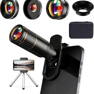 Updated COSULAN Phone Camera Lens Kit 4-in-1, Come with 22X Telephoto Lens, 205° Fisheye Lens, 4K 0.67X Wide Angle Lens, 25X Macro Lens, Clip, and Phone Mini Tripod for iPhone and Android Phone Series