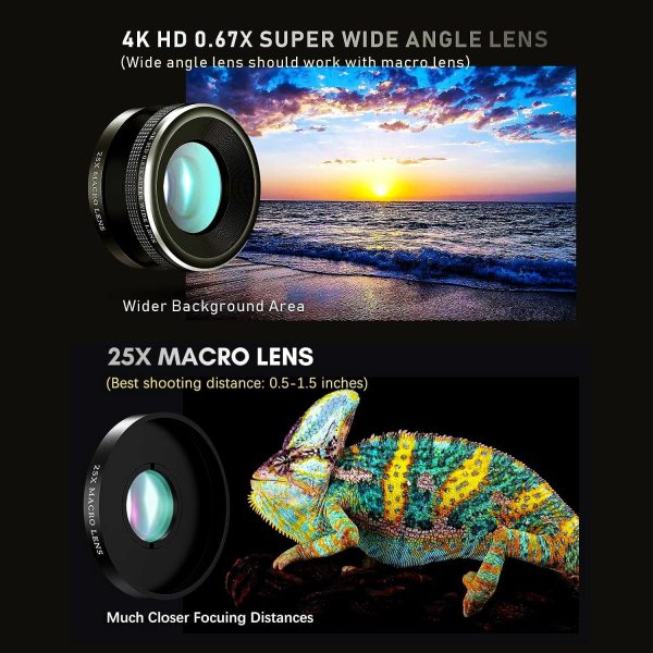 Updated COSULAN Phone Camera Lens Kit 4-in-1, Come with 22X Telephoto Lens, 205° Fisheye Lens, 4K 0.67X Wide Angle Lens, 25X Macro Lens, Clip, and Phone Mini Tripod for iPhone and Android Phone Series - Image 2